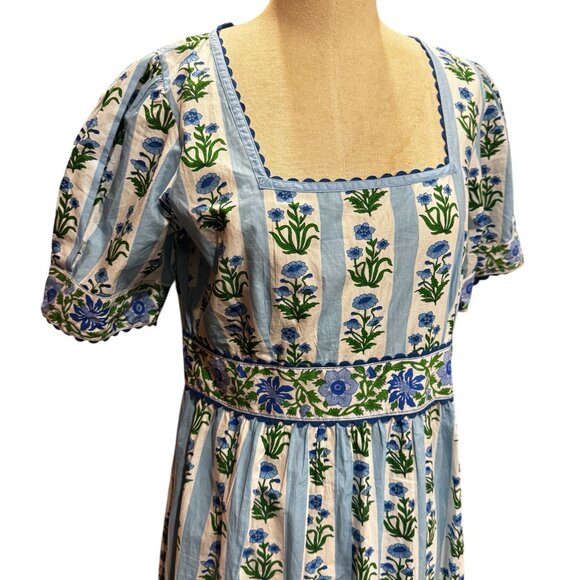 Pink City Prints Evelyn Dress Sky Lily Stripe Blue Floral Block Print Large - Picture 11 of 14